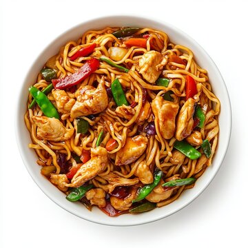 Bami, Fried noodles Asian food. Top view. Noodles with chicken and vegetables. Isolated on white background.