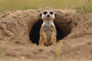 Fototapeta premium A curious meerkat peeks out of its burrow in the ground.