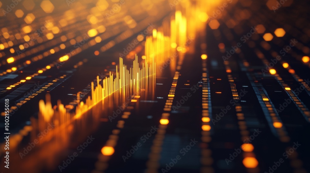 Poster a vibrant, abstract visualization representing sound waves, displaying golden peaks against a dark b