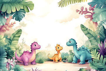 Naklejka premium Cute cartoon dinosaur frame border on background in watercolor style.