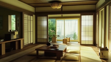 Fototapeta premium Living room with tatami flooring, sliding doors, and minimalist wooden furniture.