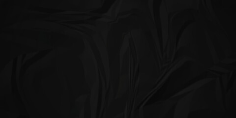 Empty black wrinkly backdrop paper background. panorama grunge wrinkly paper texture, crumpled pattern texture. paper crumpled texture. black fabric crushed textured crumpled.
