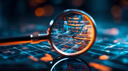 Magnifying glass focusing on digital data and analysis, vibrant colors and reflections.