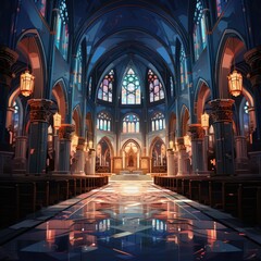 Artistic Representation of a Cathedral Interior with Colorful Stained Glass Windows