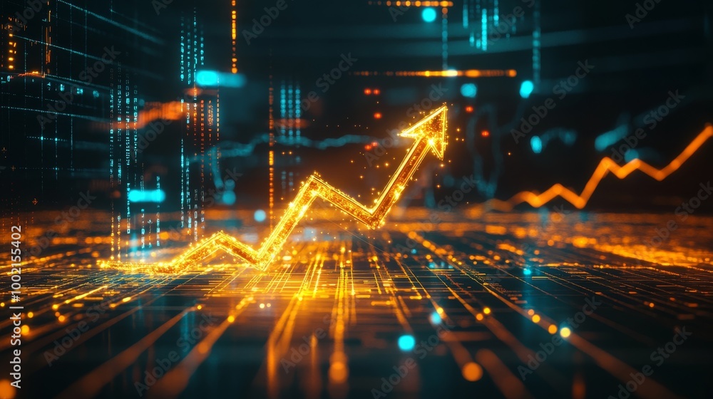 Poster a digital representation of an upward trend, showcasing glowing data points and graphs against a dar