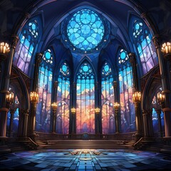 Fototapeta premium Artistic Representation of a Cathedral Interior with Colorful Stained Glass Windows