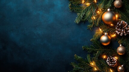 Flat lay of Christmas card with twinkling lights, fir branches, and ornaments, offering a festive holiday greeting.