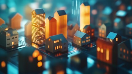 A vibrant cityscape featuring miniature glowing buildings, showcasing a blend of modern architecture and cozy homes, all rendered in a vivid, colorful atmosphere.