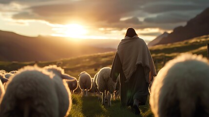 Shepherd guiding sheep through a picturesque landscape at sunset.