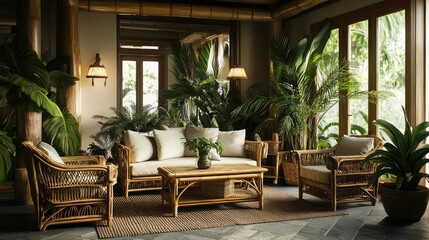 Fototapeta premium Tropical-themed living room with bamboo furniture, lush greenery, and natural, earthy tones.