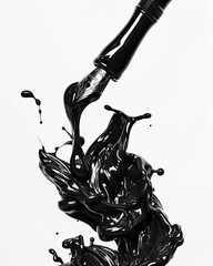 Dynamic ink burst; swirling shapes, glossy drops, pen nib shines on bright white backdrop.