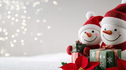 Two adorable snowmen wearing Santa hats are smiling while holding festive presents, surrounded by bright lights and poinsettias in the snow.