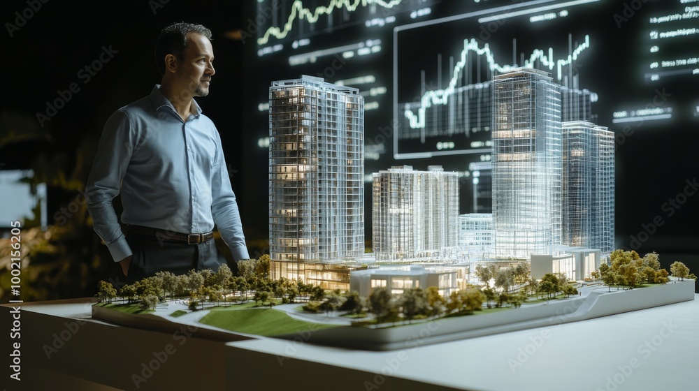 Poster a man examines a detailed architectural model of a modern urban development, with digital graphs dis