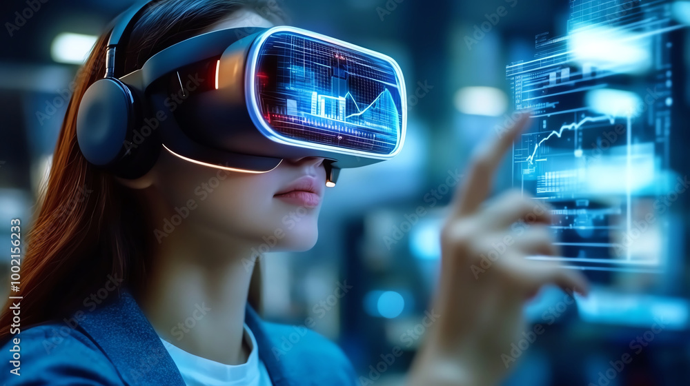 Poster woman using vr headset, interacting with data visualization in a modern space.