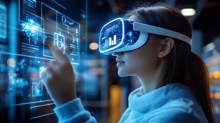 Woman using virtual reality headset with digital interface in background.