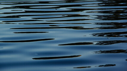 Dark blue lake water with reflection and iridescent patterns