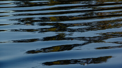 Dark blue lake water with reflection and iridescent patterns