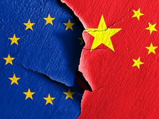 The Chinese flag and the EU flag are both made of patterns. Concept map depicting dialogue between China and the EU. Basemap and background concept. Double exposure hologram.
