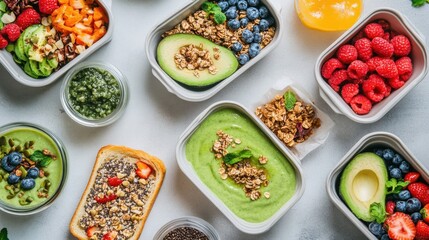 Fototapeta premium Flat lay of healthy breakfast boxes with avocado toast, smoothies, and granola bowls, with space for copy in the center.