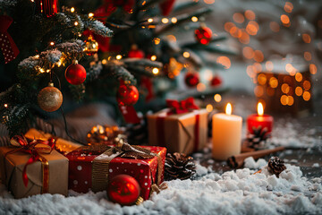 Christmas greeting card with bright winter holiday composition and New Year background