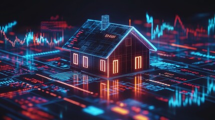 A futuristic house illuminated with digital data overlays, symbolizing the intersection of real estate and technology.