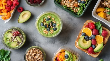 Flat lay of healthy breakfast boxes with avocado toast, smoothies, and granola bowls, with space for copy in the center.