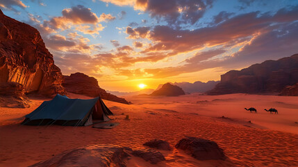 Stunning Desert Sunset with Tent and Camels in Wadi Rum