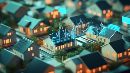 A miniature cityscape with houses illuminated, featuring overlaid digital graphs representing data analytics and real estate trends.