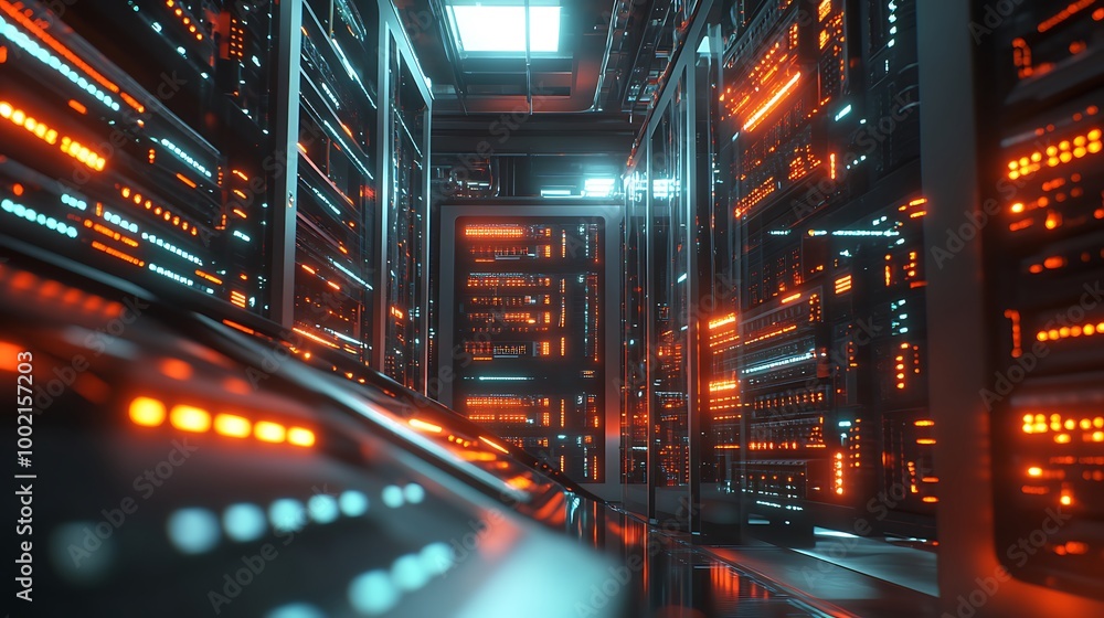 Poster a futuristic server room with rows of glowing servers.