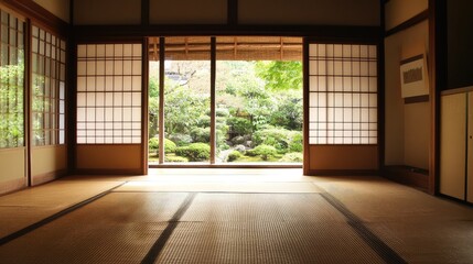 Living room with tatami flooring, sliding doors, and minimalist wooden furniture.