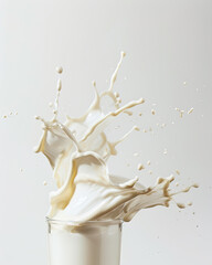 Smooth soy milk burst; liquid arcs, droplets hang in mid-air, set against a pure white backdrop.