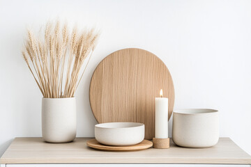 Neutral decor arrangement featuring vases, bowls, and a candle on a wooden surface with dried flowers in a serene setting