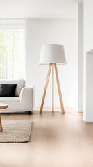 Obraz premium Modern living room interior featuring a stylish floor lamp, plush sofa, and natural light streaming through large windows
