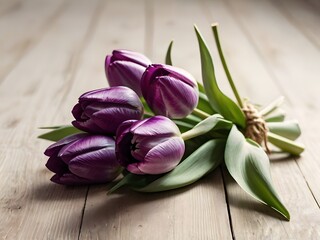 Purple Tulips on Rustic Wood Background