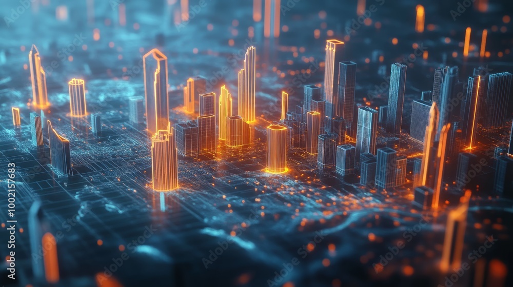 Poster A digital cityscape with glowing, futuristic buildings illuminated in orange and blue hues, depicting a vibrant and immersive urban environment.