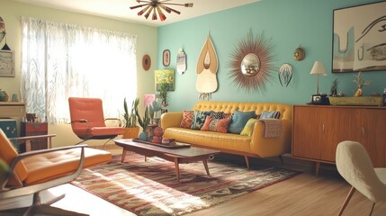 Fototapeta premium Living room with retro furniture, bold patterns, and a fun, eclectic color scheme.