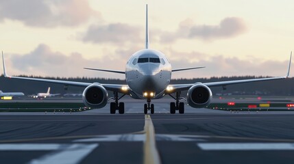 Airplane on runway preparing for takeoff, showcasing aviation industry. Clear skies in background emphasize movement and travel.