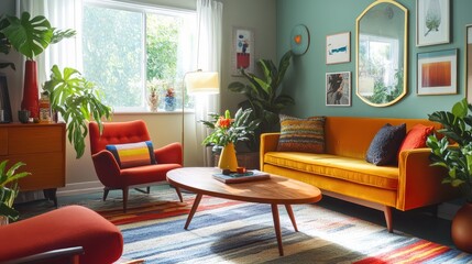 Fototapeta premium Living room with retro furniture, bold colors, and a playful, eclectic style.