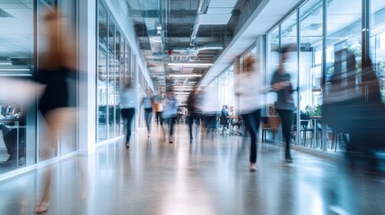 Fototapeta premium Busy Modern Office with Blurred Motion of Employees Walking in Hallway with Glass Walls and Open Workspace
