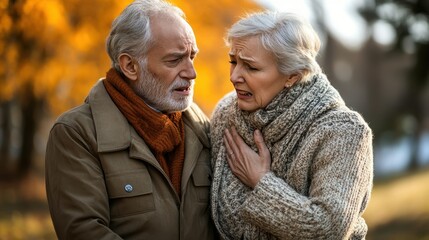 Fototapeta premium An elderly couple shares an emotional moment outdoors, surrounded by autumn leaves, showcasing deep connection and empathy.