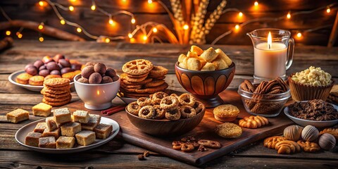 Naklejka premium Delicious late-night snack spread featuring various treats on a cozy wooden table with soft lighting
