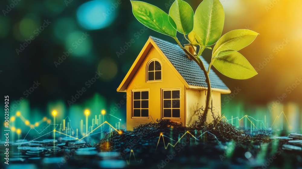 Poster A vibrant, eco-friendly house sprouts from soil, symbolizing growth and sustainability amidst a soft, glowing background.