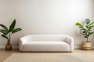 A modern neutral living room featuring a minimalist white sofa, woven baskets, and indoor plants for a serene atmosphere