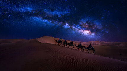 Camel Caravan Under Milky Way in Desert