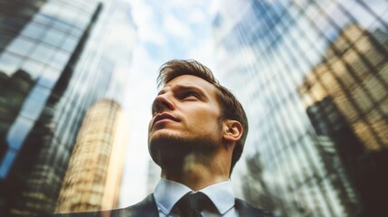 Fototapeta premium A confident businessman gazes upward amidst towering skyscrapers, embodying ambition and determination against a backdrop of modern architecture.