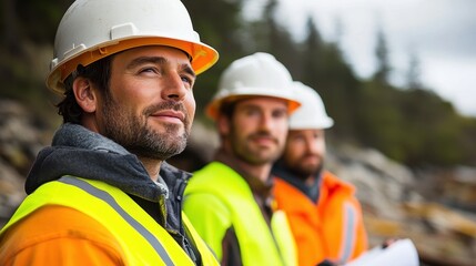 Three construction workers in safety helmets evaluate a project site, showcasing teamwork and commitment to safety.