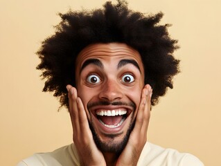 A man with a big goofy grin, raising both eyebrows high with hands on his cheeks, on a beige solid background