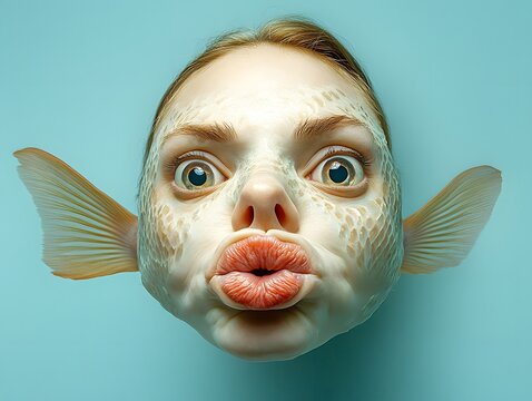 A woman making a fish face, with her lips puckered and cheeks sucked in, on a light blue solid background