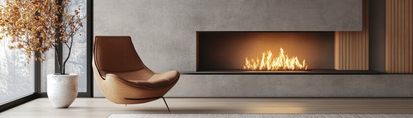 Fototapeta premium Modern Minimalist Living Room with Cozy Fireplace and Stylish Armchair