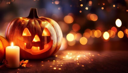 A haunting and atmospheric image perfect for Halloween, featuring a carved pumpkin and flickering candles